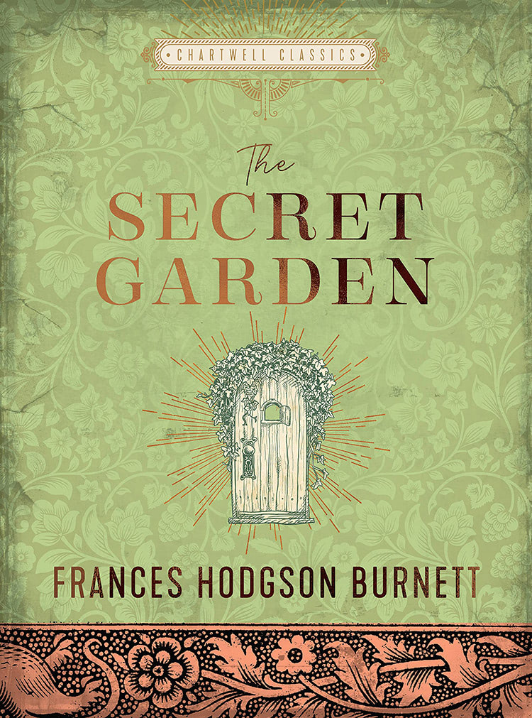 Cover of "The Secret Garden" by Frances Hodgson Burnett features an ivy-covered door on a decorative, green floral background.